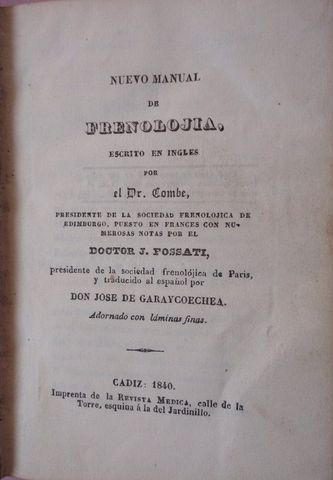 NUEVO MANUAL DE FRENOLOGIA, Dr. COMBE, IMPRENTA DE LA REVISTA MEDICA, 1840